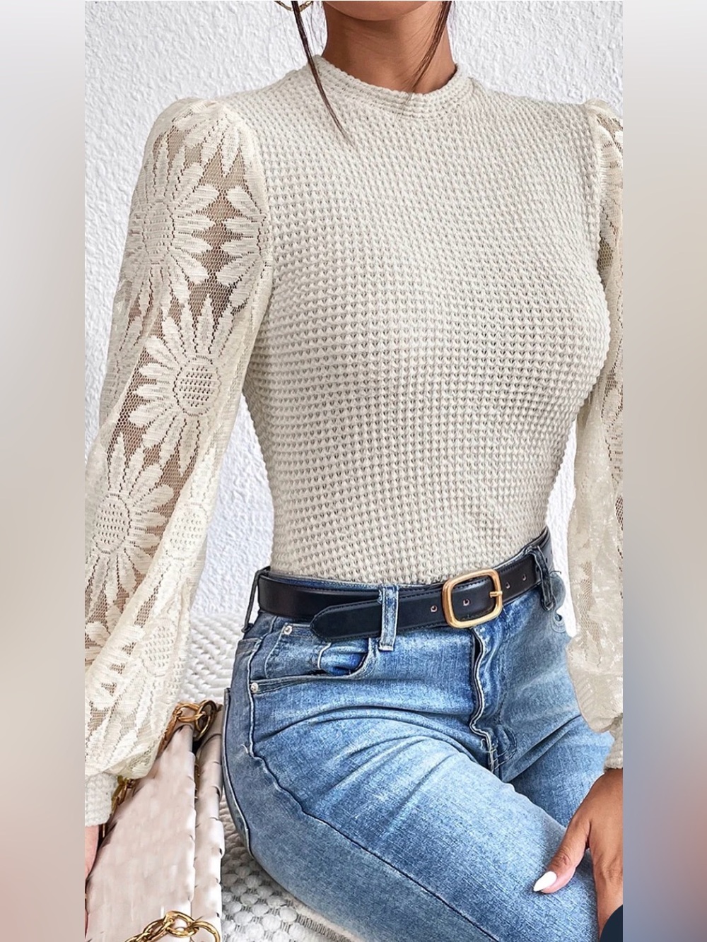 Boutique Sunflower Lace Sleeve Waffle Knit Bubble Sleeve Top M